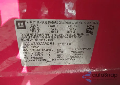 2016 Chevrolet Silverado 1500 2Lz z USA, uszkodzony, nr VIN 3GCUKSEC5GG367265